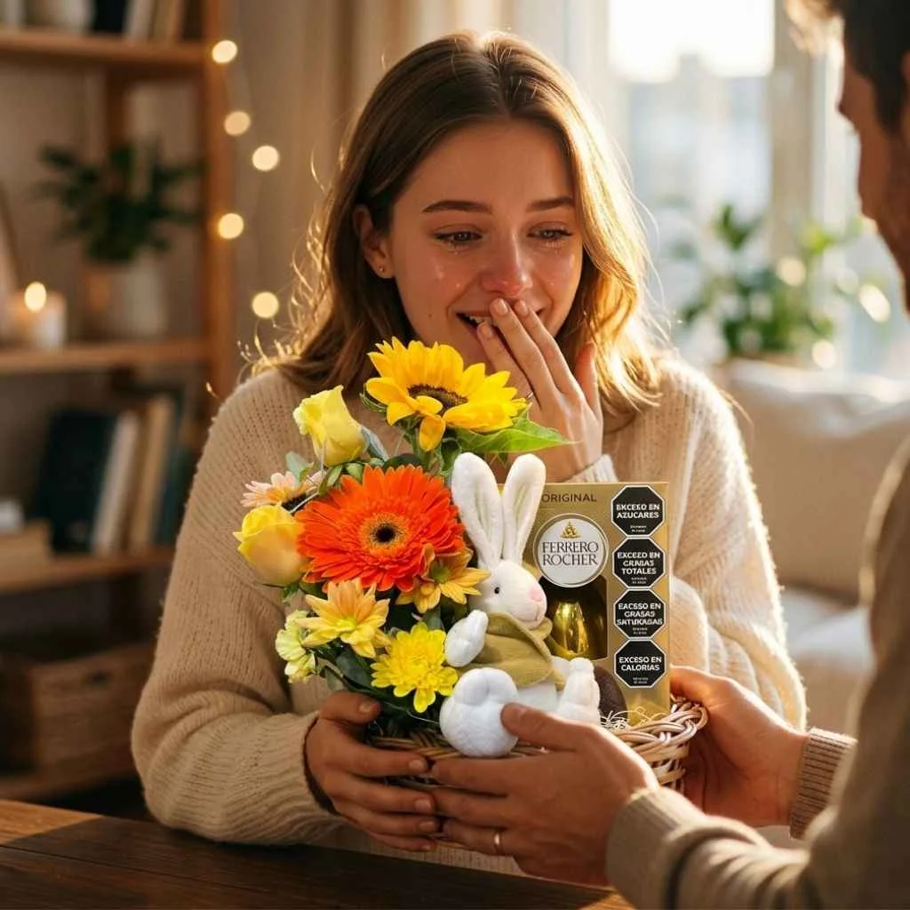 Canasta de pascua con flores huevo rocher y conejo